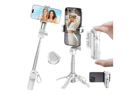 JMARY MT-18 Mini Phone Selfie Stick Tripod Extendable Phone Stand with Wireless Control for Live Streaming - White